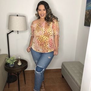 Peach Neutral Animal Print Off Shoulder Plus Top